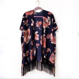 Aleena Navy Floral Fringed Boho Chic Kimono